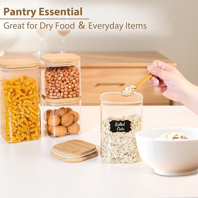 6 Pack Square Glass Storage Containers with Bamboo Lids (24oz/37oz/51oz) – Clear Food Airtight Canisters Sets for The Kitchen, Glass Jars for Coffee Beans, Coffee, Flour, Snacks, Spices
