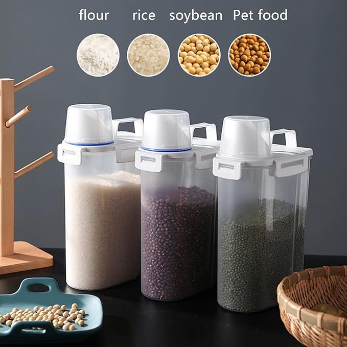 5.5 Lbs Rice Airtight Dry Food Storage Container Set of 4, Rice Storage Bin Cereal Containers Dispenser, Thicken Plastic Clear Food Storage Box with Pouring Spout, Measring Cup for Grain, Flour Snacks