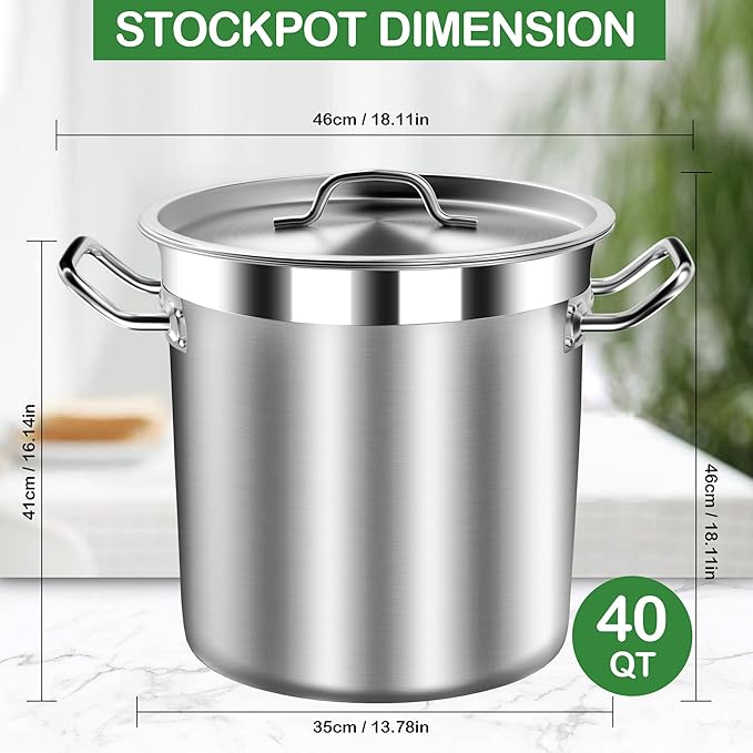 Large Soup Pot with Lid - 40 Quart Stainless Steel Stockpots, Cooking Pots, Stock Pot with Lid, Big Pots for Cooking, Heavy Duty, Induction & Oven Safe
