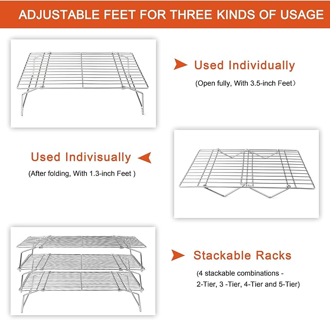 P&P CHEF Cooling Rack, 5-Tier Stainless Steel Stackable Baking Cooking Racks for Cooling Roasting Grilling, Collapsible & Heavy Duty, Oven Safe & Easy Clean, 15" x 10", Silver