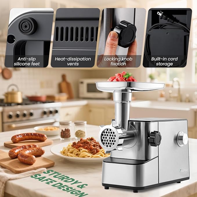 Huanyu Electric Meat Grinder 3200W Max Power, Built-in Storage, Heavy Duty, 2 Blades, 3 Plates, Sausage Tubes and Kubbe Kit #10 Outlet for Home Use
