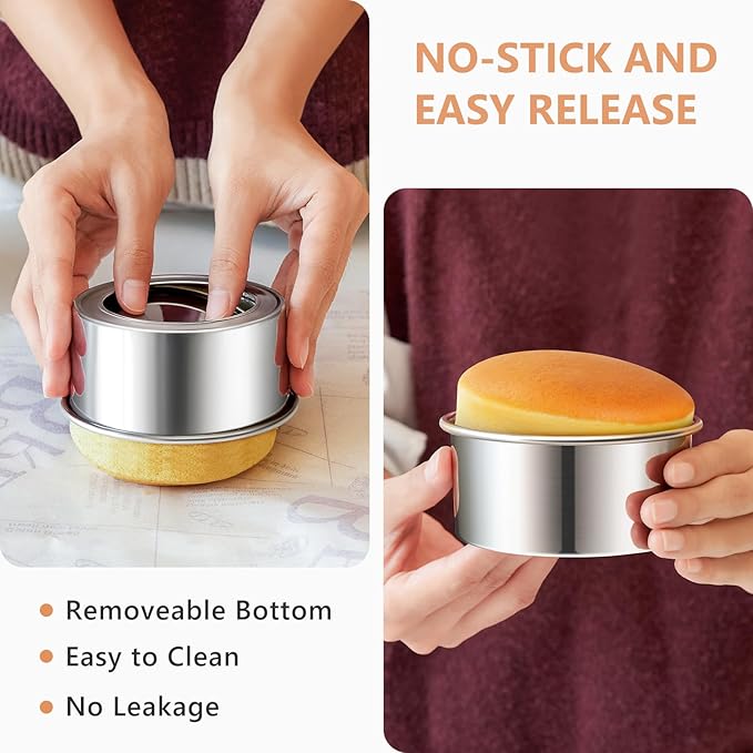 4 Inch Cake Pan Set of 4, Removable Bottom & Easy Releasing Mini Cake Pan, 304 Stainless Steel Round Cake Pan, Leakproof & Nonstick Small Cake Baking Pans, Non-Toxic & Healthy