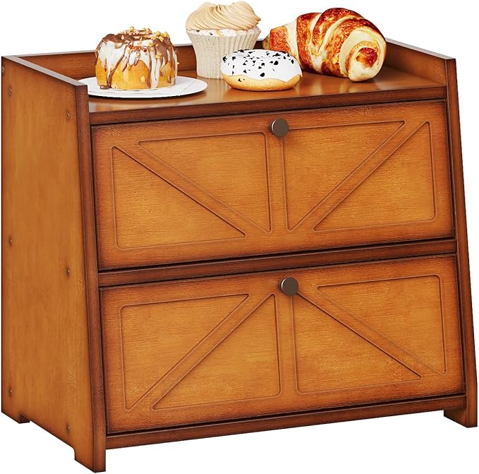 Vintage Double Layer Bread Box for Kitchen Counter Bamboo Bread Storage Container Large Capacity Bread Storage Bin