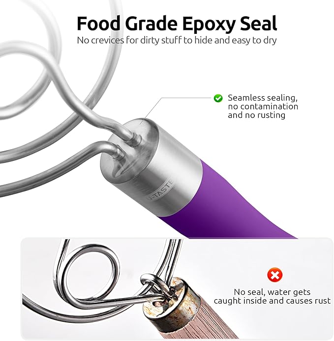U-Taste 12.6in Danish Dough Whisk: 18/8 Stainless Steel Heavy-Duty Sourdough Mixer Tool, Food Grade Dutch Style Seamless Bread Wisk, Sturdy for Mixing, Stirring, Kneading Thick Batter (Purple)