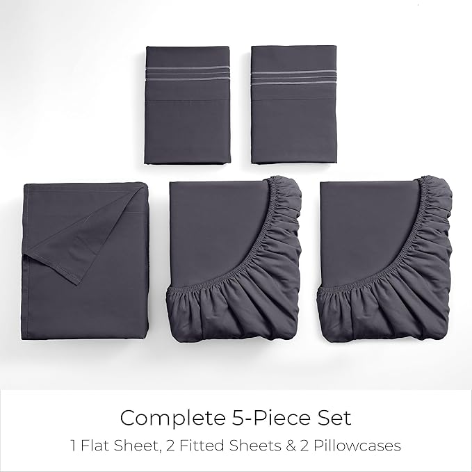 Mellanni Split King Sheets Set - 5 PC Iconic Collection Bedding - Hotel Luxury, Extra Soft, Cooling Bed Sheets - Wrinkle, Fade, Stain Resistant (Split King, Charcoal)