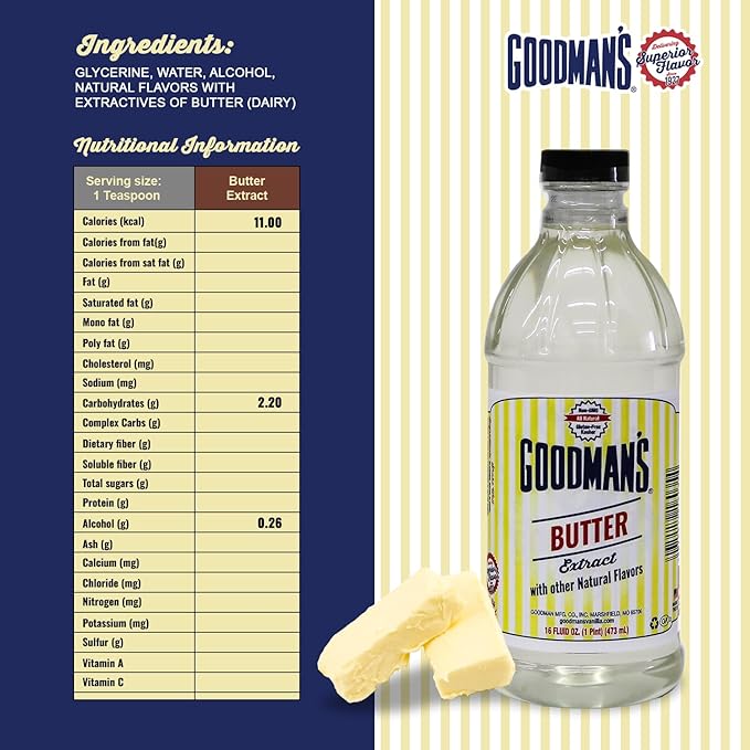 Goodman's Butter Extract - Gluten-Free, Non-GMO, Low Carb & Calorie, No Artificial Color - Safe for Dairy Sensitivities, Ideal for Baking - 1 Pint