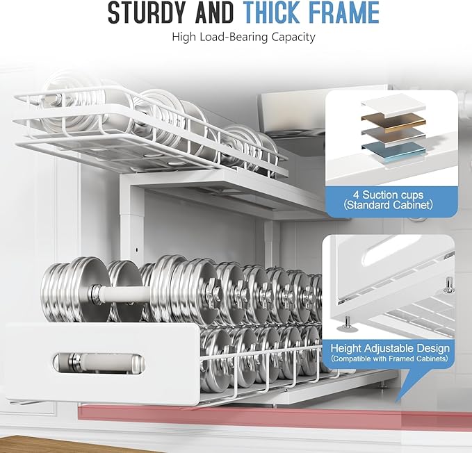 2 Pack 21 IN Depth Pull Out Cabinet Storage With Smooth Rails,2-Tier Dual Pull Out Cabinet Storage For Bathroom Kitchen,Under Sink Shelf-White