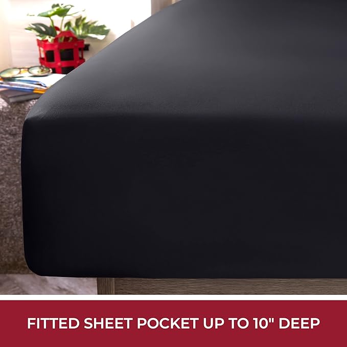 Mellanni RV Short Queen Sheets - 4 PC Iconic Collection Bedding - Hotel Luxury, Extra Soft, Cooling Bed Sheets - Deep Pocket up to 10 inch (RV/Short Queen, Black)