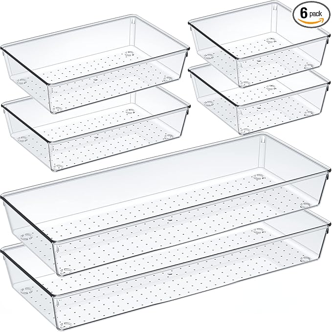 Criusia 6 Pcs Large Size Clear Drawer Organizer Set, Acrylic Non Slip Non Cracking Kitchen Drawer Storage Tray Divider, Multifunctional Storage for Cosmetics, Bathroom, Tools, Kitchen and Office