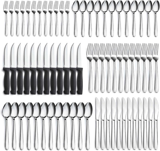 Pleafind 72-Pieces Silverware Set for 12, Flatware Set with Steak Knives, Stainless Steel Cutlery Set, Include Forks Spoons and Knives Set, Dishwasher Safe Utensil Sets for Home Restaurant