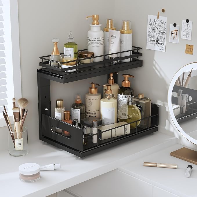 2 Pack Under Sink Organizer Upgrade To Professional Rails,2-Tier Dual Pull Out Cabinet Storage,Height Adjustable Slide Out Drawers For Bathroom Kitchen,Under Sink Shelf (Patent Registered)