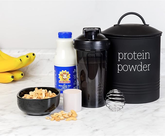 AuldHome Design Enamelware Protein Powder Canister (Black); Modern Farmhouse Style Storage for Kitchen