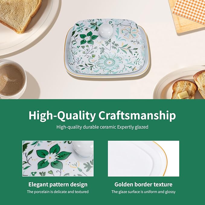 Butter Dish With Lid For Countertop-Ceramic Butter Dish with Knob Handle-Dishwasher Safe Butter Keeper&Serving Tray,Large Storage Keeper Holder for Kitchen-Elegant Gift for Women,Mothers,Housewarming