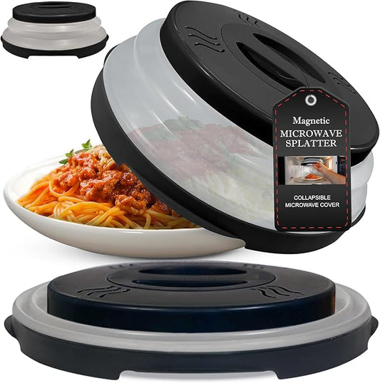 2.0 Magnetic Microwave Splatter Cover, Collapsible 12-Inch BPA-Free Food Lid with Upgraded Magnets, Vented Plate Guard, Dishwasher Safe, Space-Saving Magnetic Storage - Black