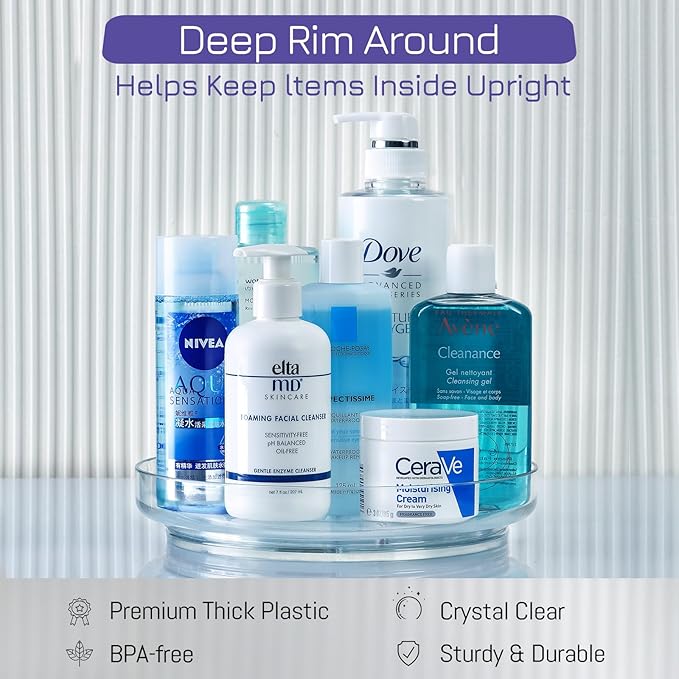 4 Pack 9 Inch Clear Acrylic Lazy Susan, Non-Skid Turntable Organizer for Cabinet, Kitchen, Pantry Organization Storage, Refrigerator, Vanity Makeup, Bathroom Countertop Organizing, Rotating Spice Rack