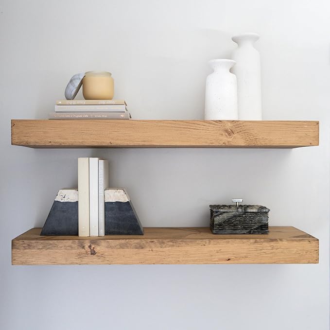 Modern Floating Shelves 3 Inches Thick for Wall, Wide Shelves for Kitchen, Living Room, Bedroom, and Bathroom, Natural Pine Wood, Rustic Wooden Shelf, (Set of 2) (Aged Oak, 36Lx3Hx8D)