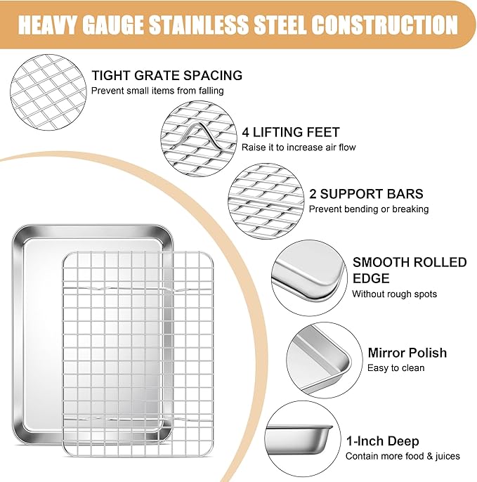 E-far Baking Sheet with Rack Set, 9.5” x 7.3” Stainless Steel Cookie Sheet Baking Pan for Toaster Oven, Mini Metal Tray with Cooling Wire Rack for Cooking Roasting, Non-toxic & Dishwasher Safe