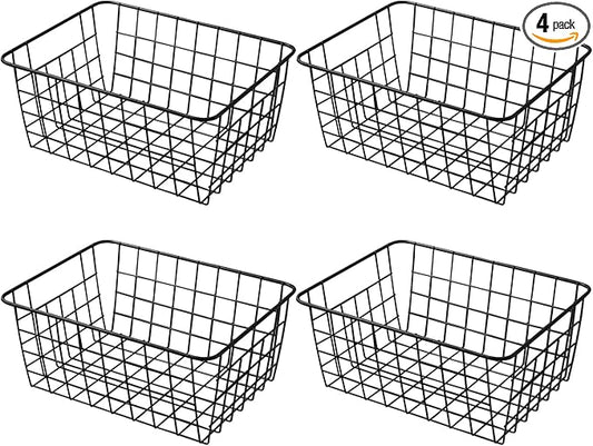 11" Upright Freezer Storage Baskets, Black Wire Storage Bins Small Bakset for Freezer, Pantry, Bathroom Organizing, Set of 4