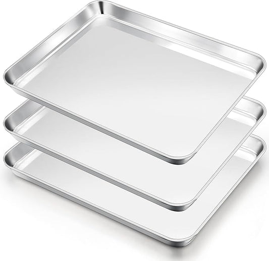 E-far Cookie Sheets Set of 3, 18”x13” Stainless Steel Baking Sheet Pans for Oven, Large Non Toxic Metal Baking Tray for Baking Roasting, Healthy & Rust Free, Mirror Finish & Dishwasher Safe