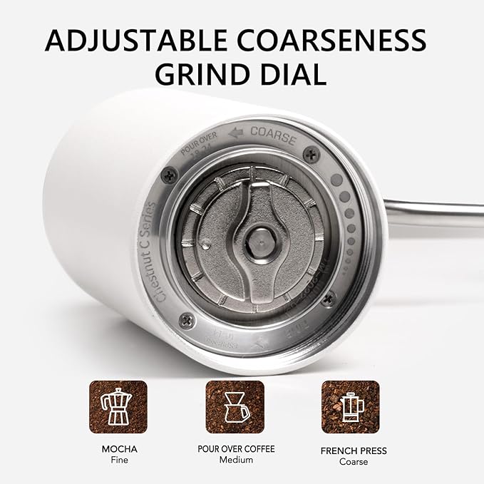 TIMEMORE Manual Coffee Grinder with Stainless Steel Conical Burr Coffee Grinder Chestnut C2 Internal Adjustable Setting Capacity 20g Pour Over Coffee for Travel, Camping, Home White