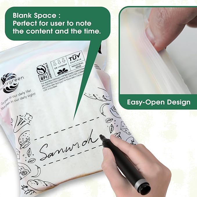 Compostable Food Storage Bags, Large Gallon Resealable Freezer Bags, 50 Count, 10.5 x 10.6 inches, Extra Thick, Certified US BPI ASTM D6400 Europe OK Compost