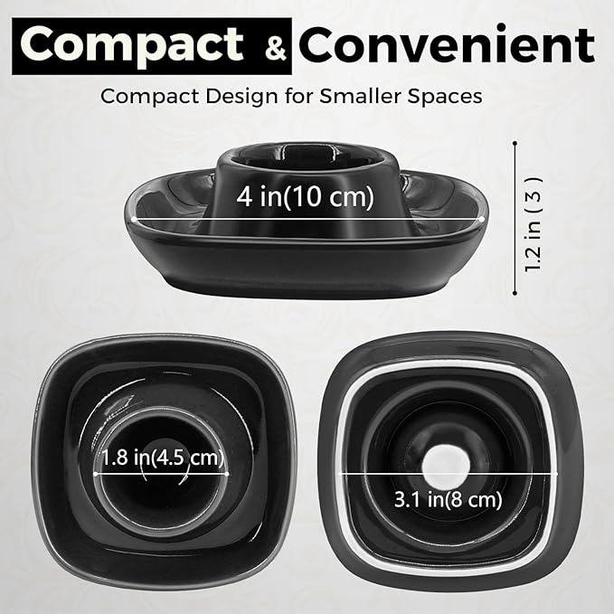 Flexzion Soft Boiled Egg Holder Set - 4-Piece Black Ceramic Egg Cup, Stackable Egg Coddler Cups with Base for Serving, Breakfast, Brunch - Kitchen Table Decor, Black