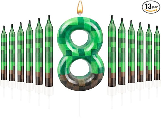 13 Pcs Dynamite Candles 12 TNT Themed Birthday Cake Candles and Number 8 Candle Cake Topper for Pixel Theme Birthday Party Anniversary Party Dynamite Theme Party Video Game Party Supplies (Number 8)