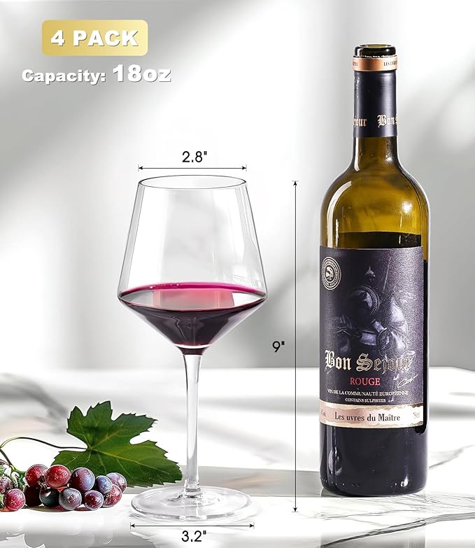 LUNA & MANTHA Red Wine Glasses Set of 6, Hand Blown Burgundy Glasses, Ultra thin,Light for Best Wine Tasting,18 OZ Perfect Gifts for Valentine's Day, Anniversary