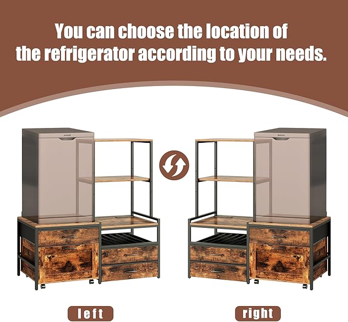 Mini Fridge Stand with Wine Rack, Kitchen Bakers Rack with Power Outlet, Microwave Oven Stand, Coffee Bar, Movable Drawers, for Dorm,Office, Brown HB04BXN