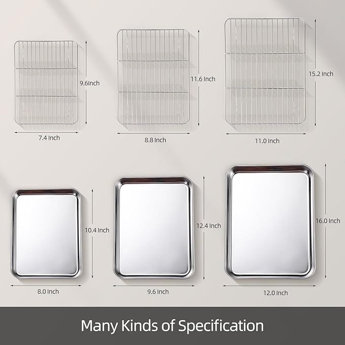 Baking Sheet with Cooling Rack Set of 6, 3 Premium Stainless Steel Cookie Sheets and 3 Wire Racks, Kitchen Nonstick Baking Pans Set Includes 3 Different Sizes, Heavy Duty Non Toxic