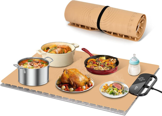 Electric Warming Tray with 7 Adjustable Temperatures, Hanging & Foldable Food Warmer Mat with Child Lock, 11 Timer Settings, Fast Heating Plate for Buffet, Paties, Family Gatherings, Holidays, Brown