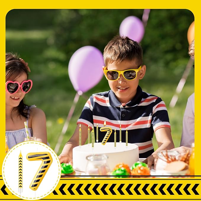 13 Pcs Construction Themed Birthday Candles Set Yellow and Black Number 7 Candle Cake Topper for Construction Party Decoration Supplies (Number 7)