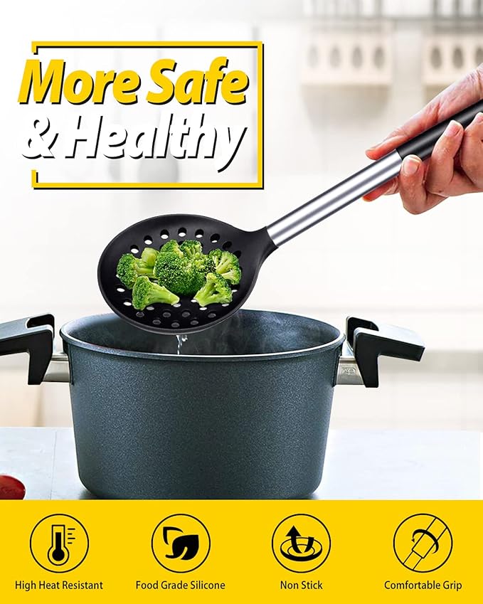 Kitchen Ladle Strainer Set of 2 Large Slotted Spoon with High Heat Resistant BPA Free Non Stick Cooking Skimmers For Draining and Frying (Black and Red)