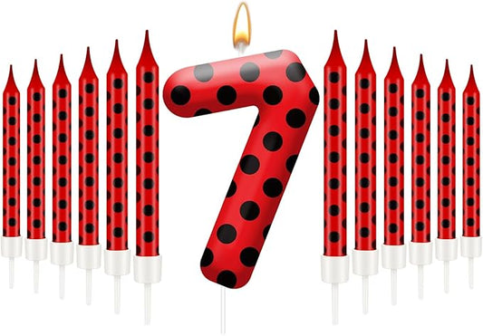 13PCS Ladybug Theme Birthday Candles Set - Red & Black Polka Dot Decorative Candles for Kids Ladybug Themed Parties, Baby Showers, Birthday Cakes, and Ladybird Inspired Celebrations(Number 7)