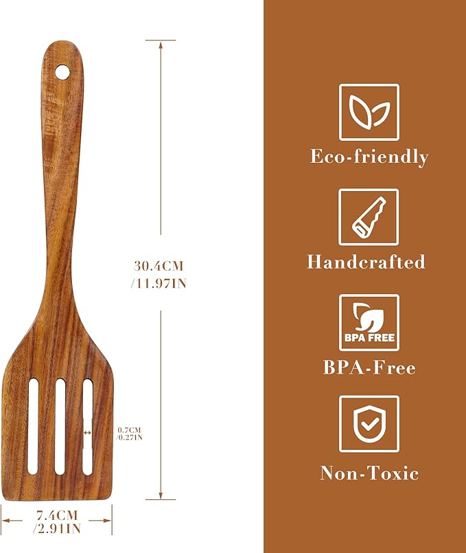 FJNATINH Wooden Slotted Spatula for Cooking, Nonstick Teak Slotted Turner, Flat Wooden Kitchen Cooking Spatula Turner for Frying Flipping Kitchen Utensil Pancake