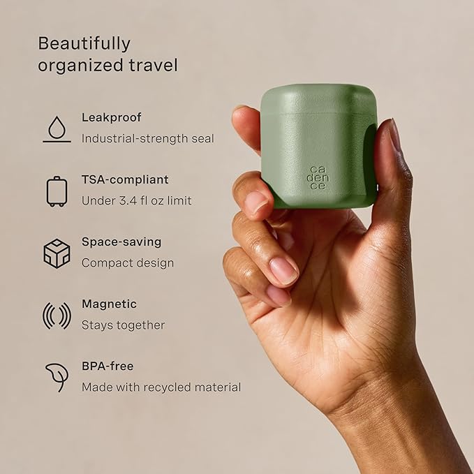 Cadence Travel Containers - Full Skincare Set - Magnetic Containers with Lids,Carry On Travel Essentials For Women/Men - 2 Small (0.56oz), 4 Medium Capsules (1.32oz), & Extender (1.43oz) - Evergreen