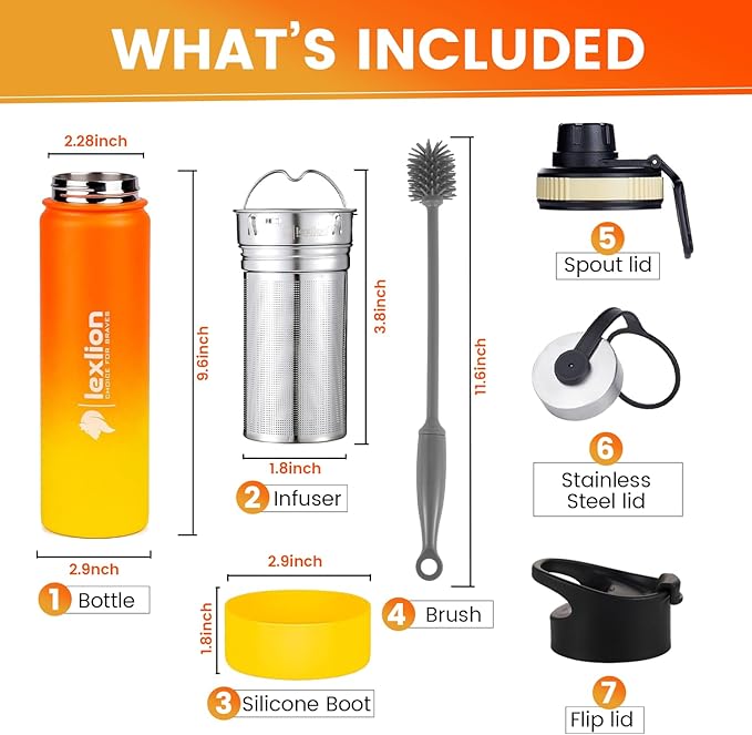 Lexlion Tea Infuser Bottle - Fruit Infusion Water Bottle 22 Oz, Triple Walled Insulated Stainless Steel Bottle, Thermal Leaf Infuser, Silicone Sleeve, 3 Lids Leakproof, Metal Mug Gallon
