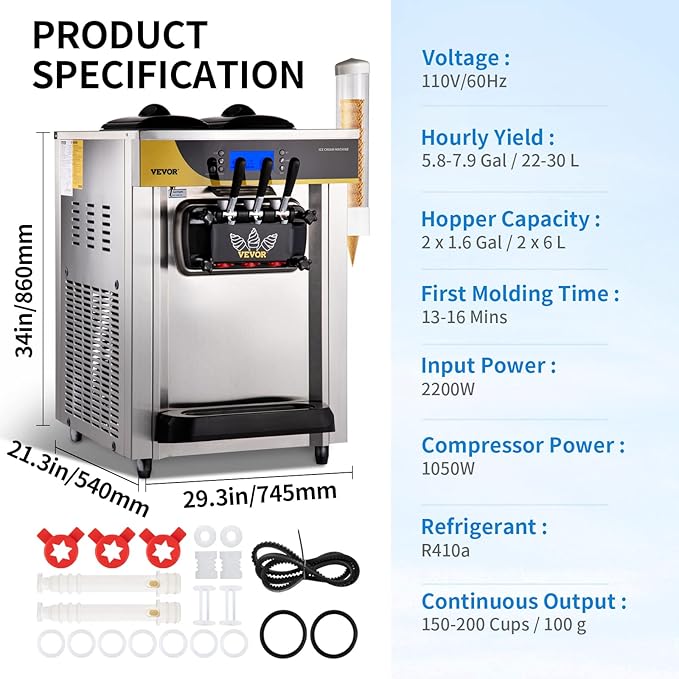 VEVOR Commercial Ice Cream Maker, 22-30L/H Yield, 2200W Countertop Soft Serve Machine with 2x6L Hopper 2L Cylinder LCD Panel Puffing Shortage Alarm, Frozen Yogurt Maker for Restaurant Snack Bar, Silve