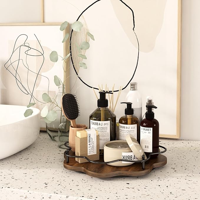 12" Lazy Susan Turntable Organizer,Round Wooden Lazy Susan Organization and Rotating Spice Rack for Dining Table,Pantry,Kitchen Countertop,Vanity,Cupboard and More.Vintage Wood(Petal Shape)