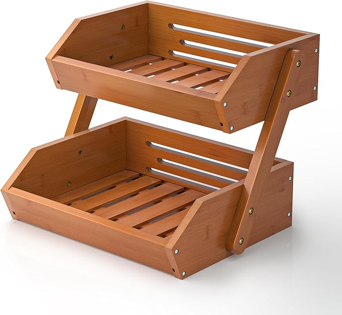 G.a HOMEFAVOR Fruit Basket for Kitchen, 2-Tier Fruit Bowl for Kitchen Counter, Vegetable Storage Stand for Fruit Shop, 15 mm Thickness, Brown