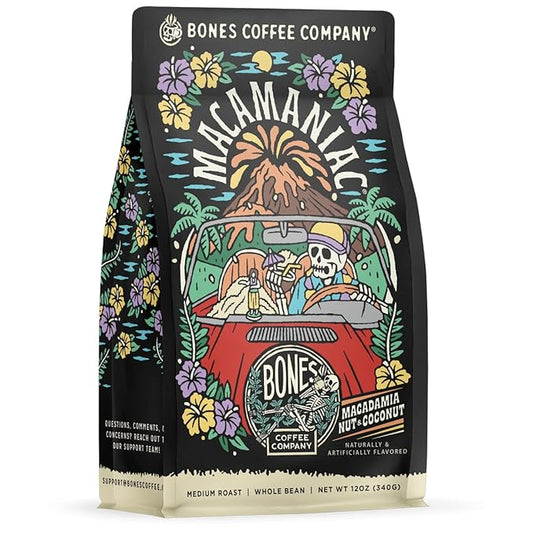 Bones Coffee Company Macamaniac, Macadamia and Coconut Flavored Coffee, Medium Roast Low Acid Arabica Beans Compatible with Auto drip and French Press Coffee Maker, 12 Oz Whole Bean