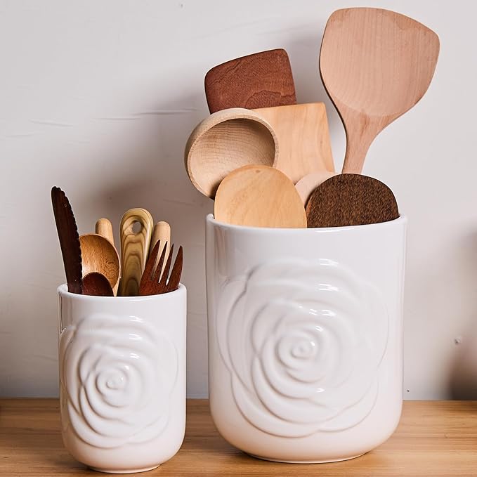 White Ceramic Utensil Holder Set of 2 - Rose Carved Design, Kitchen Countertop Utensil Organizer for Spatula, Spoon & Cooking Tools, Large (7.5") & Small (5.5"), Farmhouse Kitchen Counter Decor