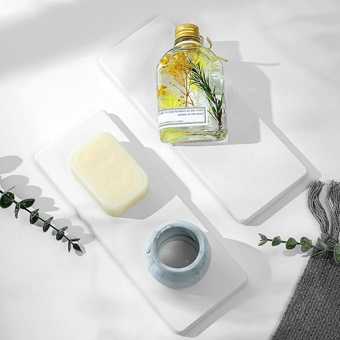 2PCS Bathroom Sink Trays, Water Absorbing Diatomite Stone Quick Drying Mat for Kitchen Counter, Dish Rack Soap Dispenser Sponge Holder Caddy Vanity Organizer, White, 9"x3.5"