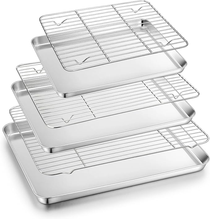 TeamFar Baking Sheet with Cooling Rack Set (3 Pans + 3 Racks), Stainless Steel Cookie Sheet Cooking/Baking, Healthy & Dishwasher Safe, Sturdy & Long Lasting