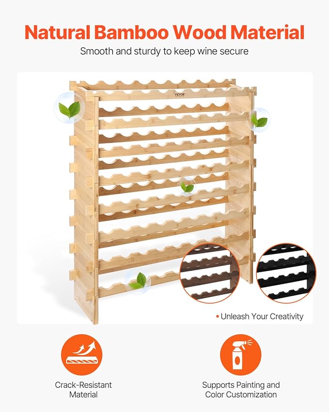 VEVOR Stackable Modular Wine Rack, 8-Tier 72 Bottles, Freestanding Wines Holder Display Shelf, Solid Bamboo Wood Storage Racks, Wobble-Free Shelves for Kitchens, Dining Rooms, Cellars, Natural Color
