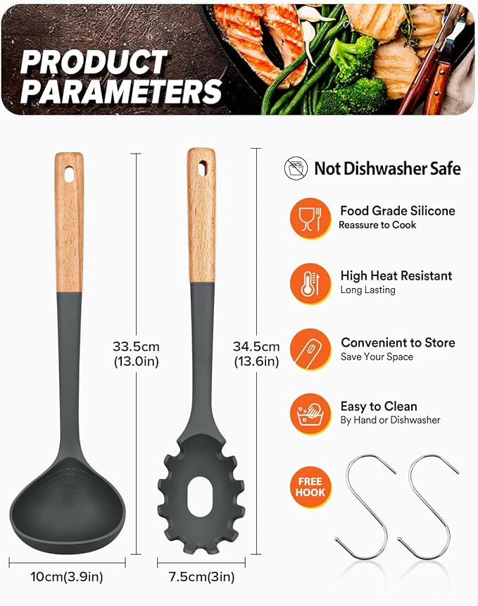 Pasta Fork and Ladle Set, Perfect for Serving Hot Soup, Stirring, and Sauce Pasta, BPA-Free Matte Silicone, Wood Handle Spaghetti Spoon for Nonstick Cooking Surfaces (Grey)