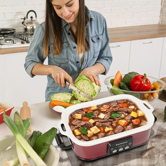 4 Quart Casserole Programmable Slow Cooker with Ceramic Baking Dish - Perfect Kitchen Small Appliance for Family Dinners, Oven Safe and Durable Bakeware for Lasagna, Roasts (Red)