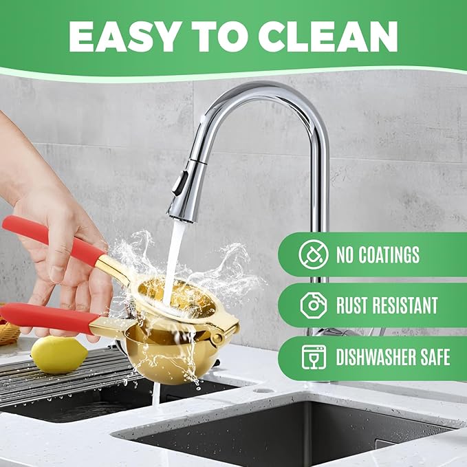 Lemon Squeezer,304 Stainless Steel Citrus Press Juicer,Non-Slip Grip Design Manual Juicer,Heavy Duty Manual Citrus Press Juicer & Lime Squeezer-Gold & Red