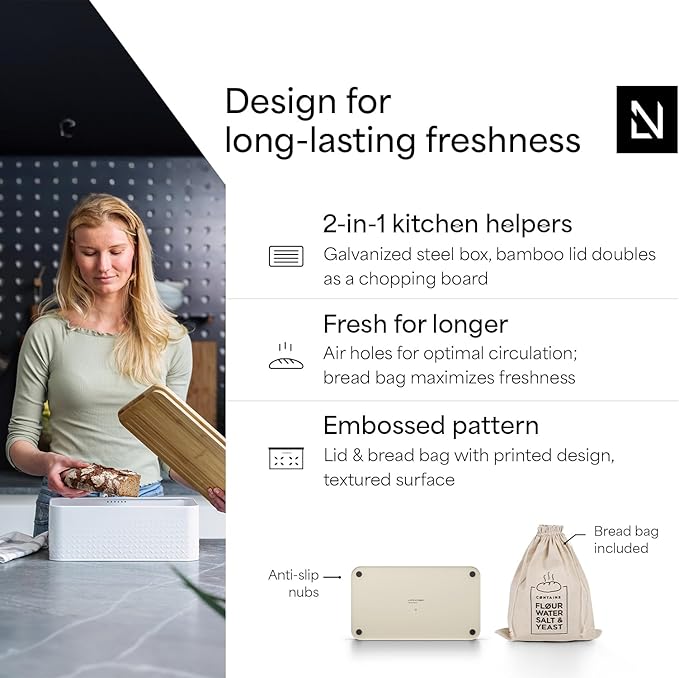 LARS NYSØM Bread Box I Metal Box with linen bag for long lasting freshness I Bread Bin with bamboo lid usable as cutting board I 13.4x7.3x5.3In (Almond Beige)