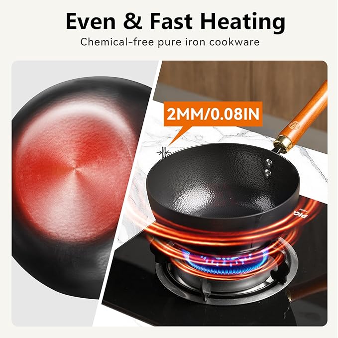 WANGYUANJI Iron Wok 8.7 Inch Deep Frying Skillet with Wooden Lid – Versatile Flat Bottom Stir-Fry Pan, Chemical-Free & Induction Compatible, Ideal Wrought Iron Small Wok for Home, Chef & Pro Use